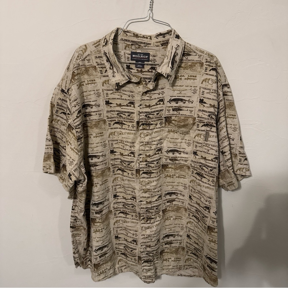 Vintage Woolrich Men's Fish Print Button Up Short Sleeve Sz XL TALL 100% Cotton